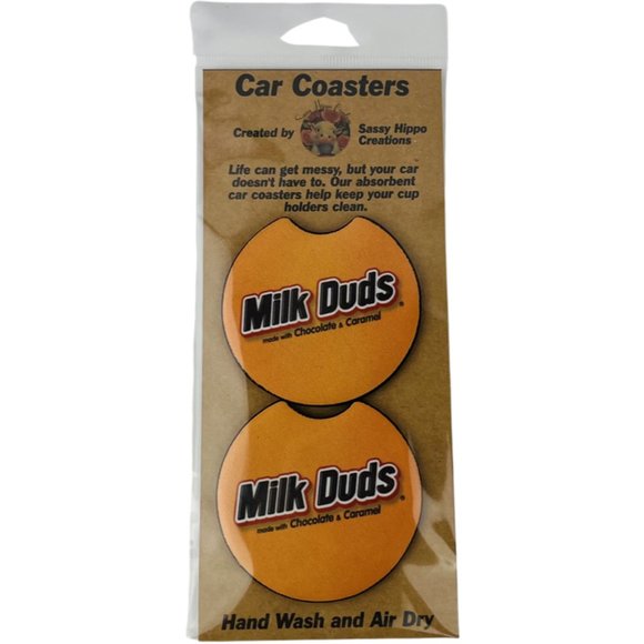 Car Coasters Milk Duds Chocolate Caramel Candy Snack Junk Food Set of 2 Neoprene - Picture 1 of 9